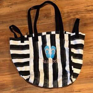 Thirty One Black & White Striped Tote Bag with Blue Flip-Flop Accent